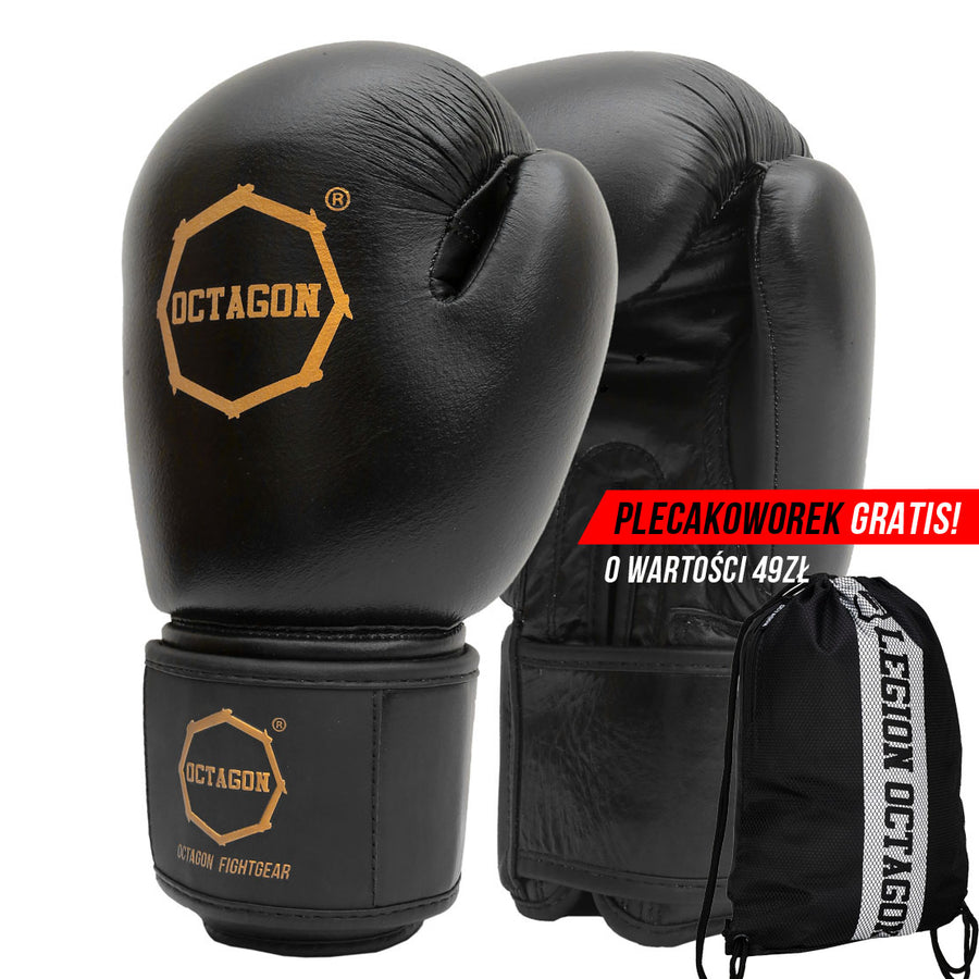 Rękawice bokserskie Octagon Royal black/gold SKÓRA plecakoworek GRATIS!